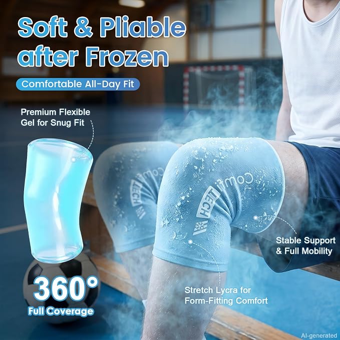 ComfiTECH Youth Knee Gel Ice Pack Wrap Sleeves, 2 Packs, L | 360 Full Coverage, Soft Flexible After Frozen, Custom Fit For Teen Athletes, Relieve Knee Soreness & Ligament Strains