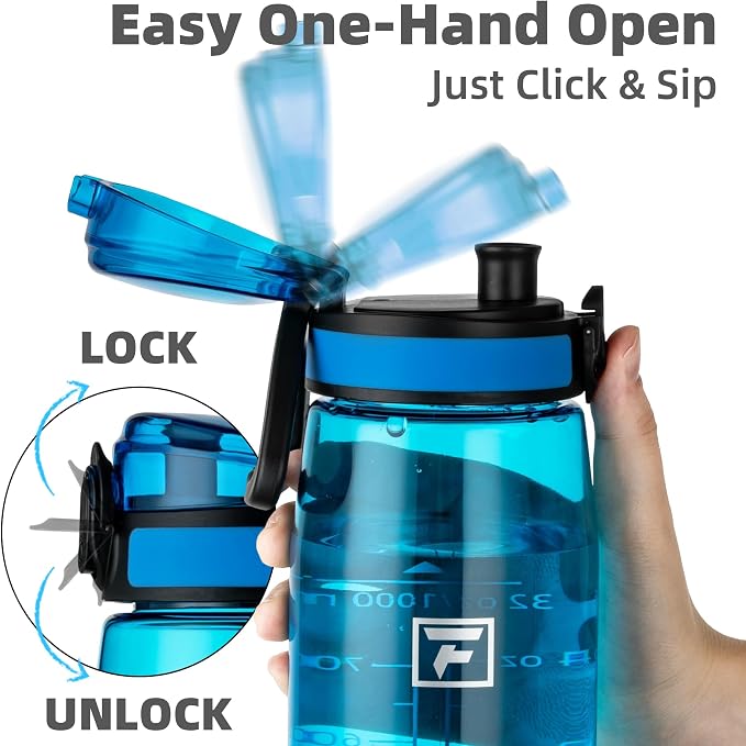 Fanhaw 32 oz Clear Plastic Water Bottle, BPA Free Leakproof Tritan Sports Water Bottle with Chug Lid, Wide Mouth Reusable Bottle for Gym, Travel, School & Office (Classic Blue)