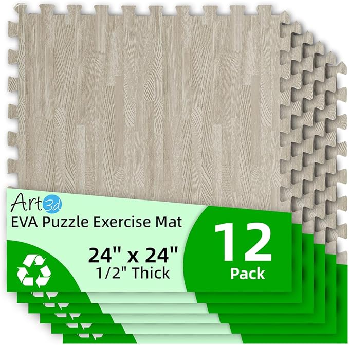 Art3d 12 Pack 24" x 24" EVA Interlocking Exercise Mats, 1/2" Thick Foam Puzzle Flooring for Workout, Gym Equipments, Training Areas, 48 Sq.FT, Grey Oak