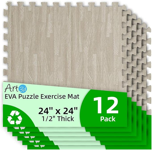 Art3d 12 Pack 24" x 24" EVA Interlocking Exercise Mats, 1/2" Thick Foam Puzzle Flooring for Workout, Gym Equipments, Training Areas, 48 Sq.FT, Grey Oak