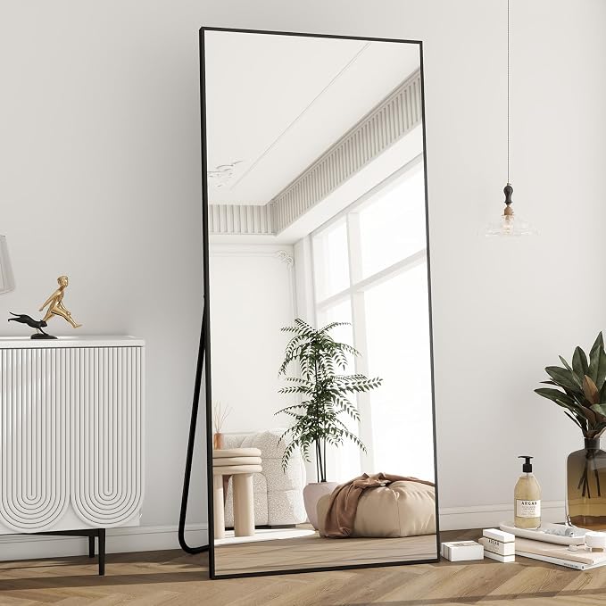 BEAUTYPEAK Full Length Mirror with Stand, 65"x24" Floor Mirror | ShatterVue Tempered Full Body Mirrors with Aluminum Alloy Thin Frame, Standing or Wall-Mounted Mirrors for Living Room, Black