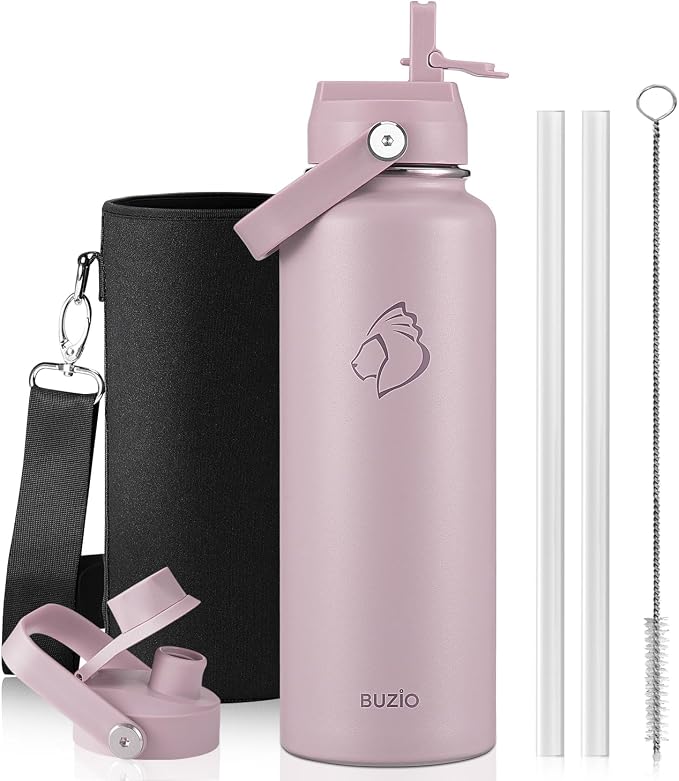 BUZIO Triple Wall Vacuum Water Bottle with Dust-Proof Straw & Spout Lids | 40 oz Insulated Stainless Steel Water Flask (Cold for 48 Hrs/Hot for 24 Hrs), Dishwasher Safe, Leakproof, Non-BPA, for Hiking