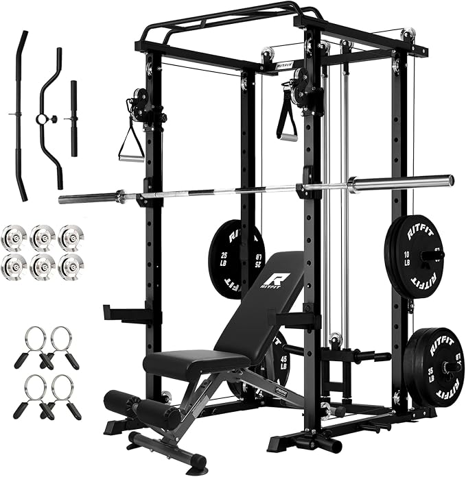 RitFit PPC-P3 Power Cage with Cable Crossover System, 1200LB Capacity | LAT Pulldown & Cable Crossover System with Bumper Plate Set, Olympic Barbell, Bench