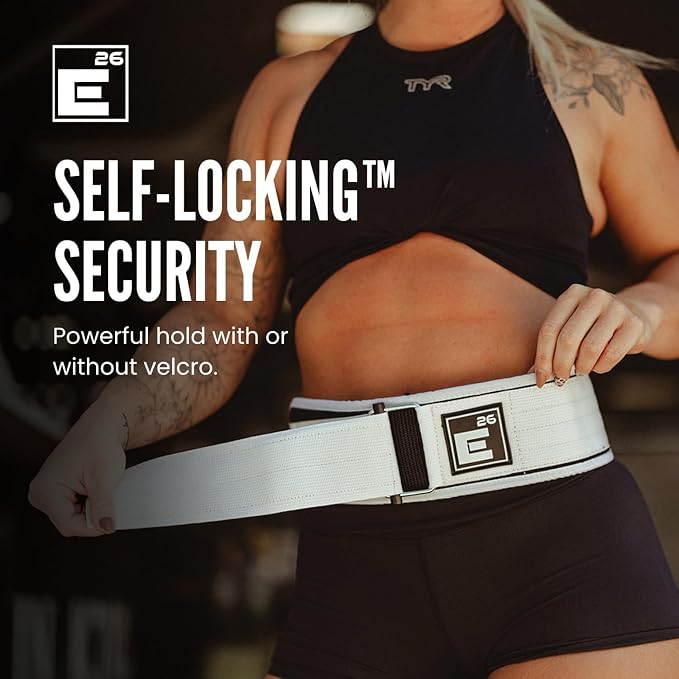 Element 26 Self-Locking Weight Lifting Belt | 4” Back Support for Gym, Powerlifting, Body Building, Cross Training, Men, Women, Deadlift, Squat, Quick Locking, Competition
