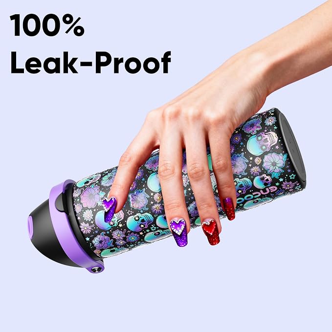 Insulated Water Bottle with Straw - Encool Stainless Steel Water Bottle with Push Button Lid, Leak-Proof & BPA-Free, Keeps Cold for 24 Hours for Sports, Travel, Gym (24 oz, Floral Afterlife)