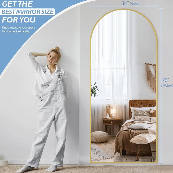 76"x34" Large Arched Floor Mirror Full Length with Stand, Gold | Vertically Wall‑Mountable, Freestanding or Wall‑Leaning, for Bedroom Living Room Gym, Tempered Glass, Aluminum Alloy Frame