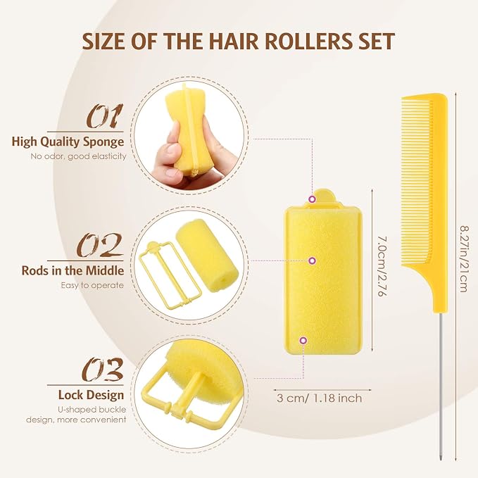 Syhood 48 Pcs Foam Hair Rollers for Overnight Styling Flexible Sponge Heatless Curlers and Rat Tail Comb for Short/long Hairs Women Hairdressing Styling(Yellow,1.18 inch)