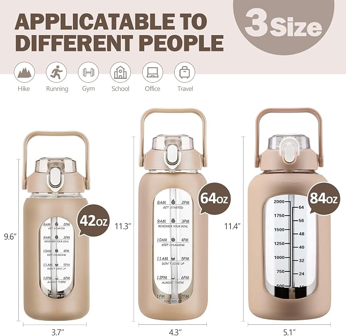 84oz Glass Water Bottle with Straw, 2.5 Liter Large Water Bottle with Silicone Sleeve and OZ Marker, Wide Mouth Gallon Glass Bottle with 2-in-1 Lid, Leakproof Water Jug for Gym Home, Amber