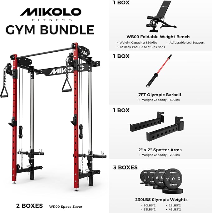 Mikolo Folding Squat Rack, Wall Mounted Power Rack with Cable Crossover Machine & LAT Pull Down, Functional Trainer with 5 Adjustable Function Modes, Home Gym Package