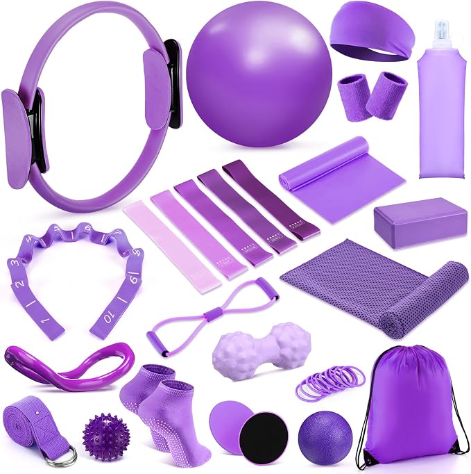 Halloscume 24 Pcs Pilates Kit, Home Pilate Equipment for Women, Pilates Ring and Ball Set with Stretching Strap, Water Bottle, Magic Circle, Yoga Ring, Gym Bag, Resistance Band, Anti Slip Sock