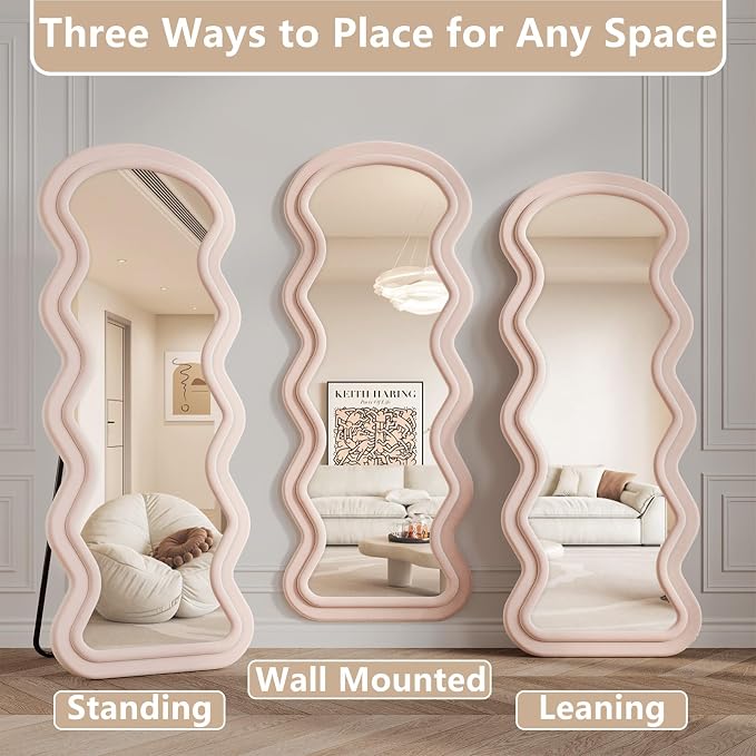Full Length Mirror, 71"x32" Wavy Full Body Mirror Flannel | Full Body Mirror with Stand, Flannel Floor Mirrror Bedroom and Living Room, Wall Mirror Hanging or Leaning, Pink