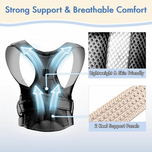 Back Brace Posture Corrector for Kids Teenagers Women, Adjustable Upper Back Straightener Lumbar Support Belt for Student Boys Girls Hunchback Scoliosis Pain Relief Spine Corrector (Black, Medium)