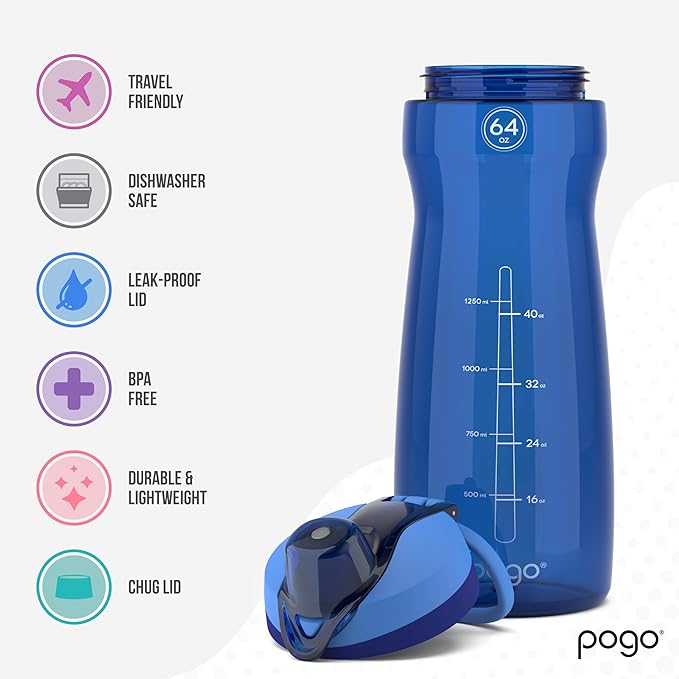 Pogo 64oz Plastic Water Bottle with Chug Lid and Carry Loop, Blue | Leakproof water bottle with chug lid and capacity markings. BPA-free, great for travel, school, outdoors, and gym.