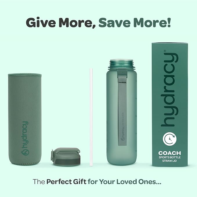 Hydracy Motivational Water Bottle with Time Marker and Straw Lid 32 oz | Leakproof,BPA Free,No Sweat Neoprene Sleeve,Carry Strap,Daily Intake Tracking for Fitness & Outdoors