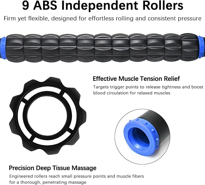 Muscle Roller Massage Roller Stick- Deep Tissue Fascia Blaster for Myofascial Pain Relief, Lymphatic Drainage & Body Sculpting, Handheld Physical Therapy & Recovery Tool (Blue & Black