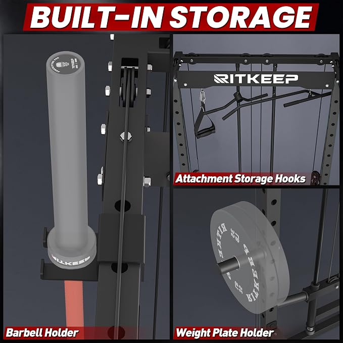 RitKeep Power Rack M10 with Pulley System & LAT Pull Down for Home Gym | Multi-Function Squat Rack with 1500LB Capacity, Pull-Up Bar & J-Hooks plus 11 Attachments for Strength Training