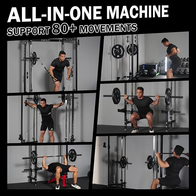 Mikolo Folding Squat Rack, Wall Mounted Power Rack with Cable Crossover Machine & LAT Pull Down, Functional Trainer with 5 Adjustable Function Modes, Home Gym Package