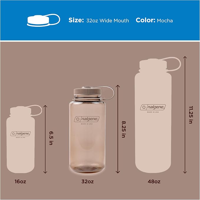 Nalgene 32 oz Wide Mouth Water Bottle, Mocha | BPA-Free, Durable & Lightweight, Leak Proof, Dishwasher Safe, Large Reusable Plastic Bottle for Hiking, Gym, Work & Travel