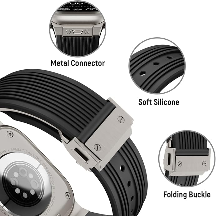 Luxury Watch Band for Apple Watch Ultra 2/Ultra 49-42mm | Metal Connector & Folding Clasp,316L Stainless Steel,Men Silicone Strap Compatible with iWatch Series 10 9 8 7 6 5 4 3 2 1 SE