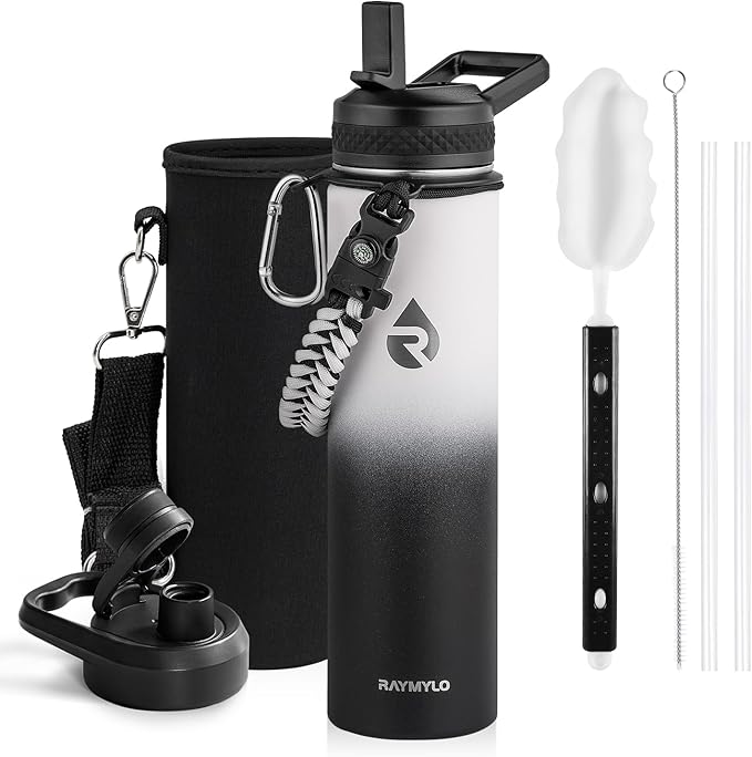 RAYMYLO Insulated Water Bottle 24 oz, Triple Wall Vacuum Stainless Steel | (Cold for 24Hrs, Hot for 12Hrs), Leak Proof & Non-BPA, Modern Water Flask Jug with Paracord Handle & Straw Spout Lids