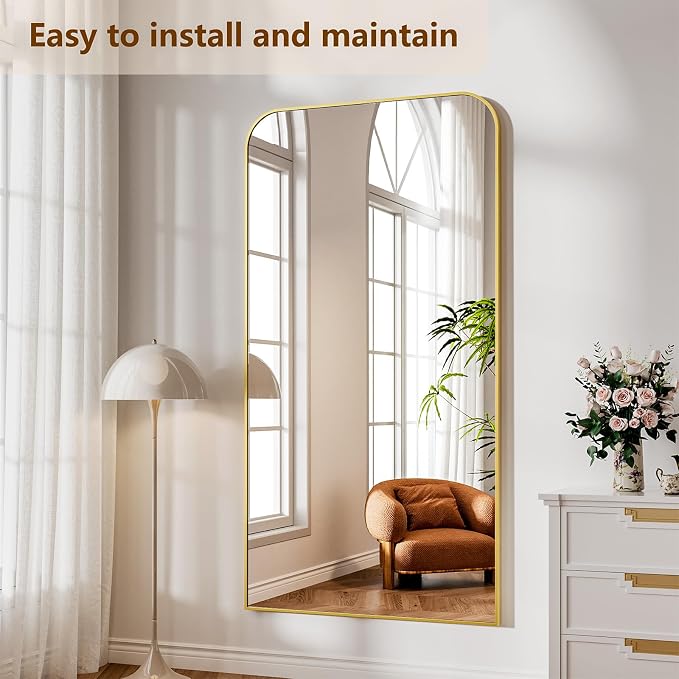 Koonmi Full Length Mirror, 76"x34" Mirror Full Length with Stand | Domed Top Square-Edged ShatterProof Floor Mirror with Gold Aluminum Alloy Frame for Bedroom Living Room Home Gym