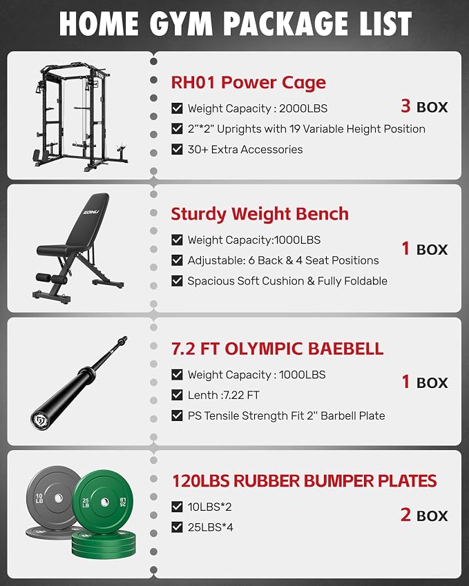 RH01 Power Cage Rack, 2000LBS Squat Rack with with Cable Crossover System&LAT Pull Down System, Multi-Function Workout Cage for Home&Garage Gym