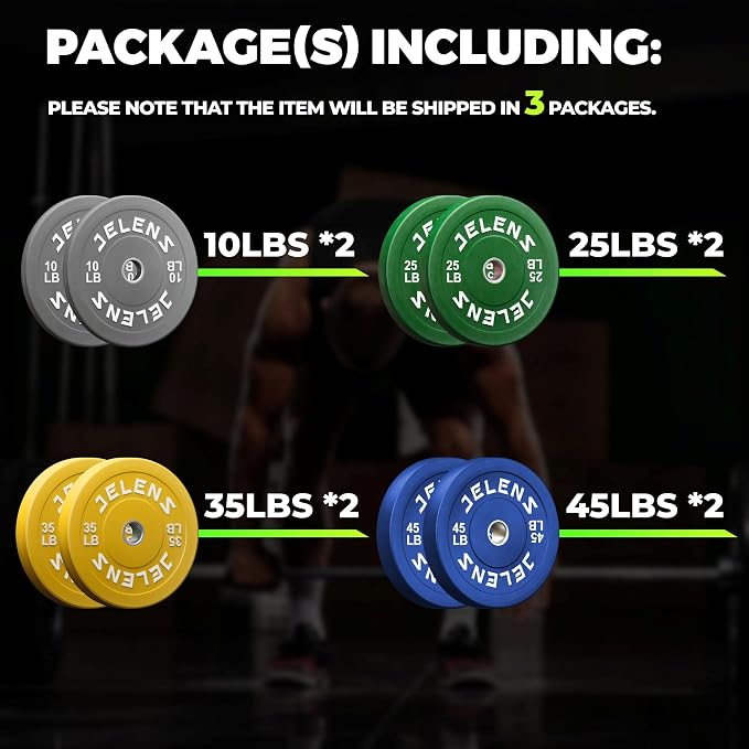 JELENS Olympic Barbell Weight Plates Set, 2-Inch Black/Colored Rubber Bumper Plate Weight Set for Strength Training and Weightlifting, Multiple Options