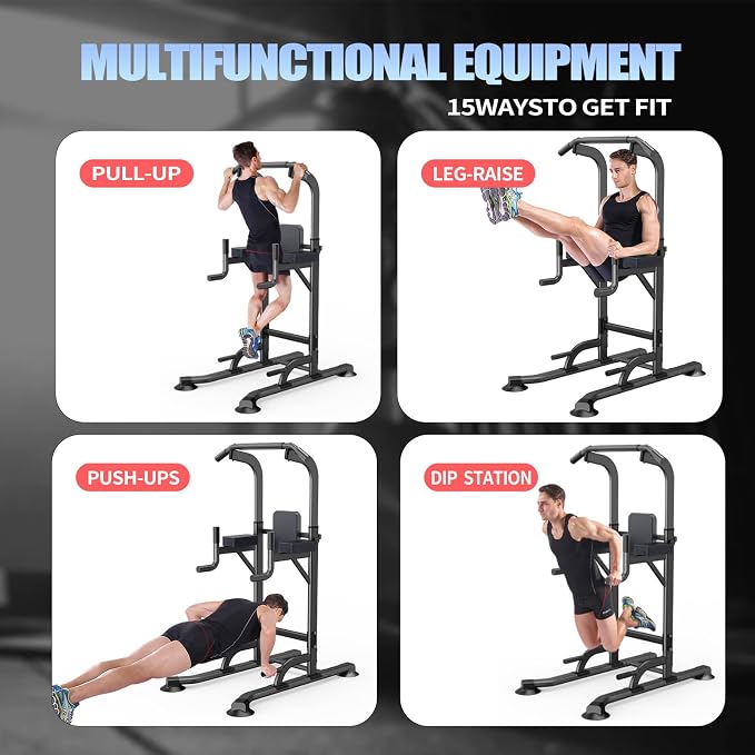 Power Tower Adjustable Height Pull Up & Dip Station Multi-Function Home Strength Training Fitness Workout Station for Home Gym