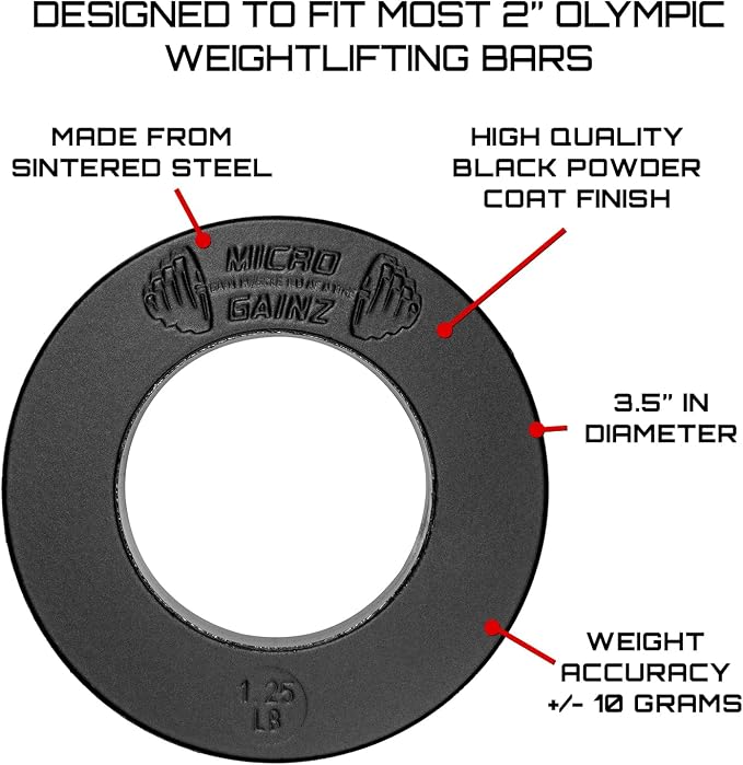 Micro Gainz Olympic Fractional Weight Plates Set, 10 Piece Olympic Weight Plates Set with Bag, Designed for Olympic Barbells for Strength Training and Micro Loading, Made in USA