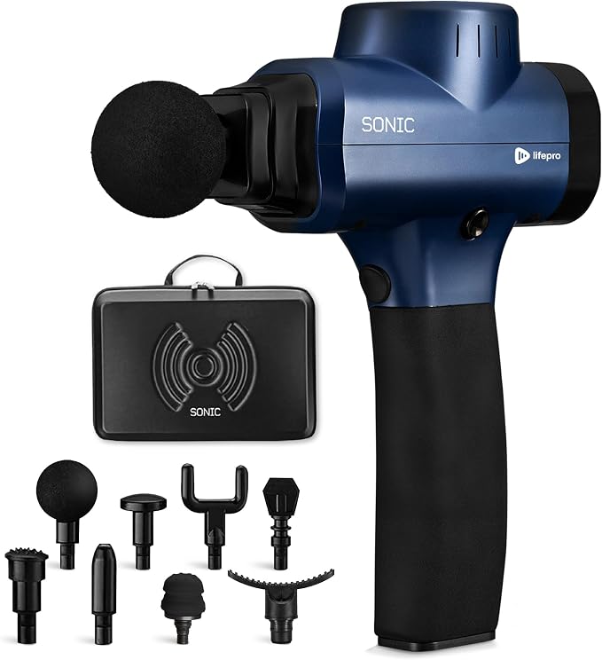 LifePro Sonic Massage Gun Percussion Muscle Massager, 8 Heads & 5 Speeds | Up to 6-Hr Runtime, Deep Tissue Massage Gun for Neck, Back, Calves, Quads, Feet, Trigger Points & Recovery Support