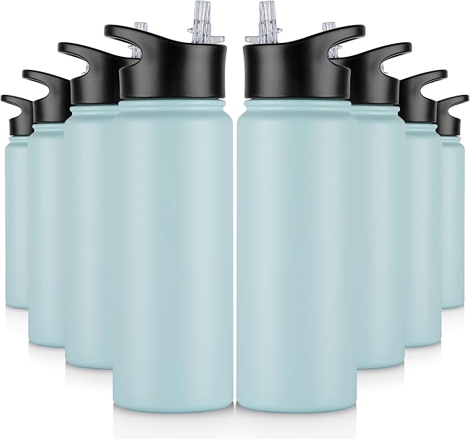 24 oz Insulated Water Bottle Bulk 8 Pack, Stainless Steel Sports Water Bottles with Straw Lid & Wide Mouth Lids, Double Walled Vacuum, Leak Proof, Turquoise Blue
