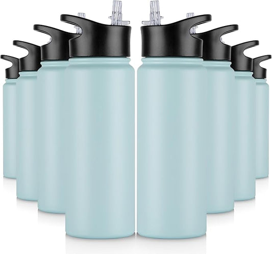 24 oz Insulated Water Bottle Bulk 8 Pack, Stainless Steel Sports Water Bottles with Straw Lid & Wide Mouth Lids, Double Walled Vacuum, Leak Proof, Turquoise Blue