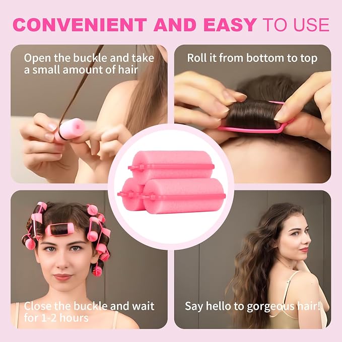 36-Pack Soft Foam Hair Rollers for Overnight Styling - Flexible Sponge Curlers for Frizz-Free, Damage-Free Curls (Pink, 0.98 Inch)