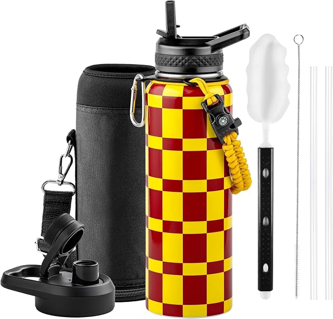RAYMYLO Insulated Water Bottle 40 oz, Triple Wall Vacuum Stainless Steel | (Cold for 36Hrs, Hot for 18Hrs), Leak Proof & Non-BPA, Modern Water Flask Jug with Paracord Handle & Straw Spout Lids
