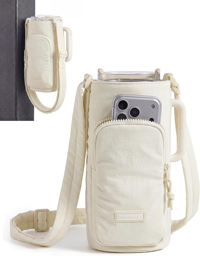BAGSMART 40oz Water Bottle Holder with Strap, Quilted Gym Accessories | Magnetic or Classic Design, Lightweiht Tumbler Drink Carrier, Quilted Crossbody Purse