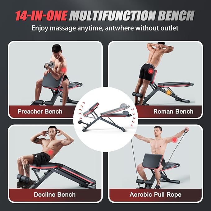 ALSO GO Adjustable Weight Bench, Workout Benches with Leg Extension, Foldable Incline Decline Bench Press, Roman Chair, Full Body Strength Training Equipment for Home Gym