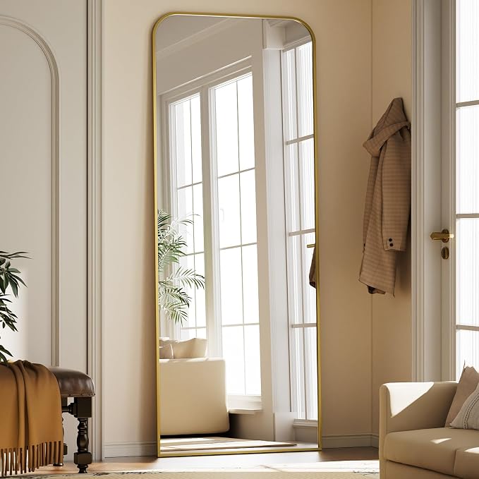 Full Length Mirror 71"x26" Arched Floor Standing Large Mirrors | Full Body Mirror with Stand - with Aluminum Frame for Bedroom Living Room, Gold