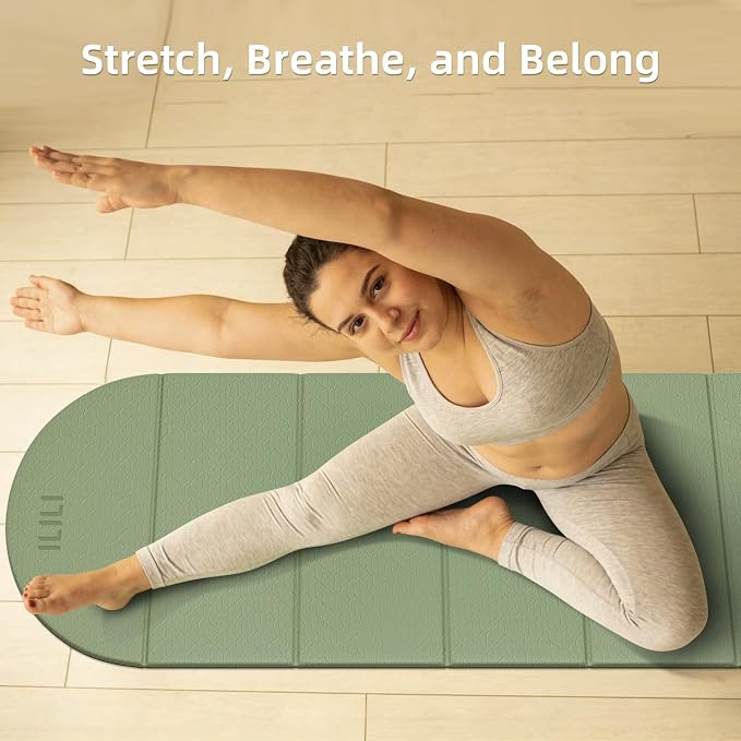 ILILI Foldable Yoga Mat-Semicircular, 10mm Thick, TPE Material, Extra Long 75"L x 26"W, Soft and Comfortable Folding Oval Mat 0.4 Inches, Easy to Carry and Store, 190*66cm Portable Multi-Functional Use for Yoga, Home Exercise & Outdoor