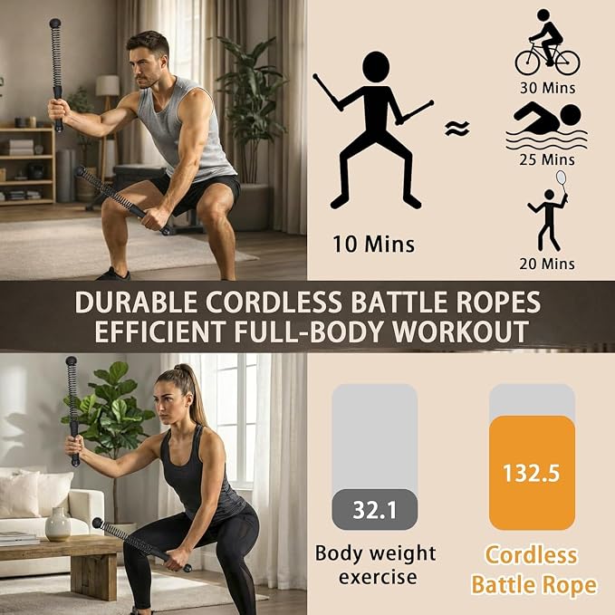 Cordless Battle Ropes,Weighted Ropeless Battle Ropes for Home Gym Exercise, Portable Full Body Workout Equipment, High-Intensity HIIT & Strength Training Gear for Men & Women (Black)