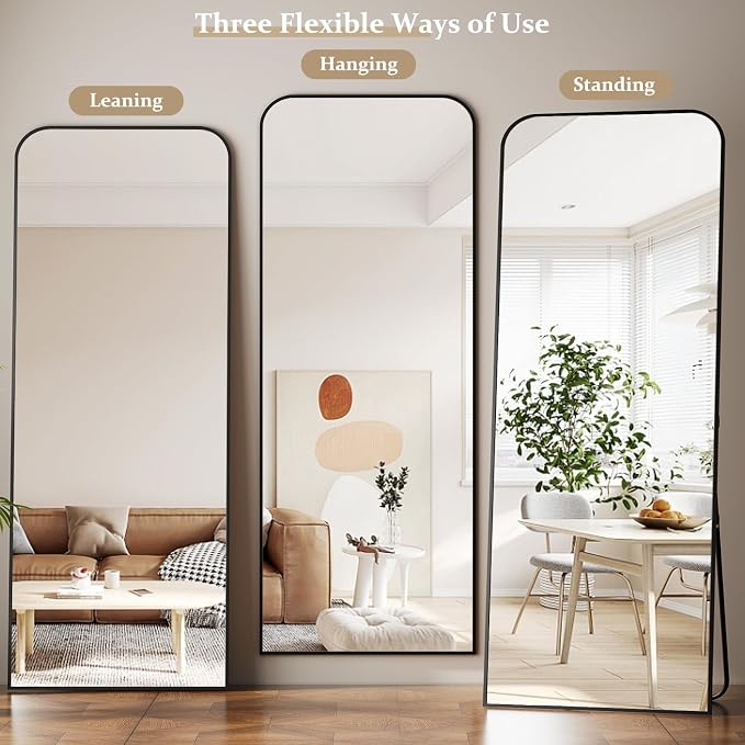 Full Length Mirror 71"x26" Arched Floor Standing Large Mirrors | Full Body Mirror with Stand - with Aluminum Frame for Bedroom Living Room, Black