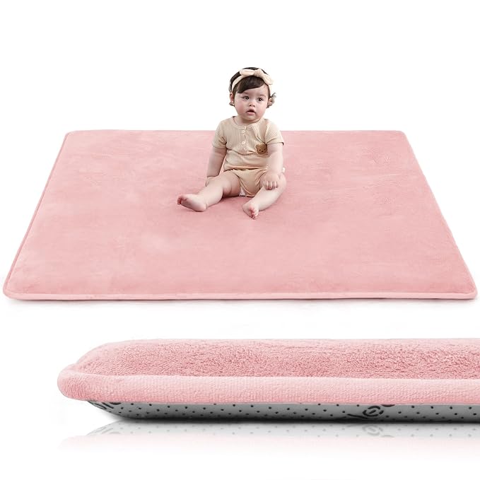 Baby Play Mat for Floor,1.3" Thick Foam 59"×59" Playpen Mat for Tummy Time,Non-Toxic Certified Water Repellent Soft Coral Velvet for Toddler,Infant,Kids,Non-Slip Backing Safe for Crawlinge(Pink)