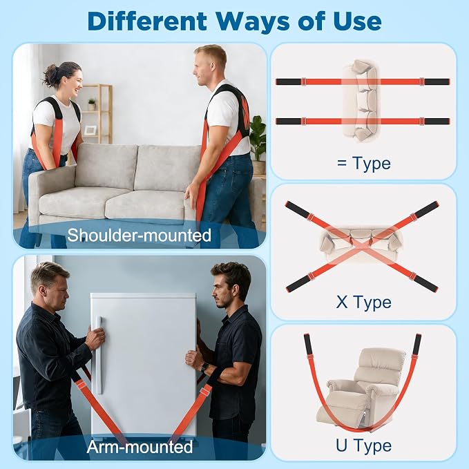 NOCOEX Moving Straps for Lifting 2-Person: Shoulder Lifting & Moving System | Padded Back Support Shoulder Forearm Mode 2 Mover Carry Furniture Appliance Mattresses Heavy Duty 880lbs, 63-134in Adjustable