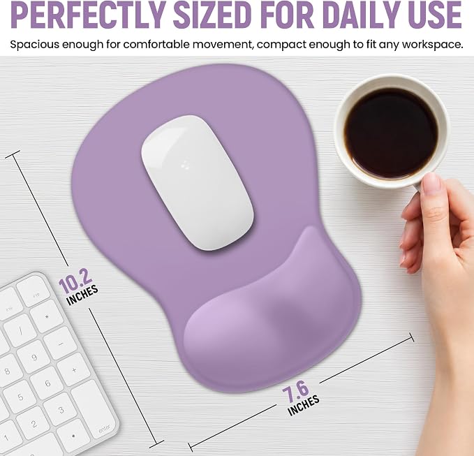 Ergonomic Mouse Pad with Wrist Rest, Gel Wrist Support, Purple | 10.2 x 7.6 in Mouse Pad with Smooth Fabric Surface and Non-Slip Rubber Base for Office, Home, Study, and Gaming
