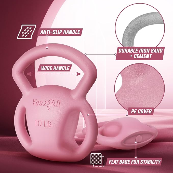 Yes4All Kettlebell, Strength Training Kettlebells for Women, Wide Multi-grip Textured Handle for Home Gym Exercises & Full Body Workout, Single 5–25 lb & Set of 10-15 lb