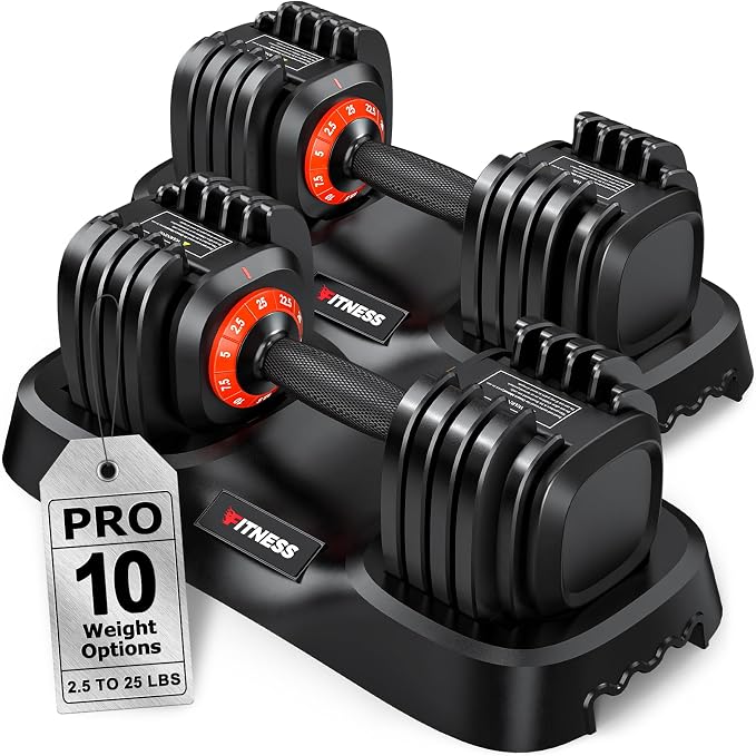 Rendpas Adjustable Dumbbell Set for Home Gym Strength Training | 25/55/80LB Pair, 10-in-1/16-in-1 Weight Set, 1-Sec Quick Adjust, Non-Slip Knurled Grip, Dual-Lock Safety, Space-Saving Tray