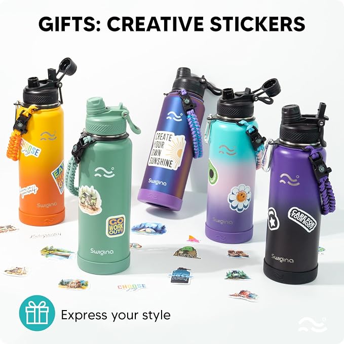 Swigina [2-IN-1 LID] Insulated Water Bottle with Silicone Boot (36hrs Cold/18hrs Hot) - DIY Stickers, Leakproof, BPA Free, 40 oz
