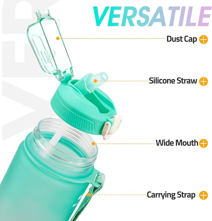 YC Kitchen 32oz Motivational Water Bottle with Straw & Carrying Strap | Leak-proof BPA Free Sports Water Bottles with Time Marker, with Times to Drink,Fitness, Gym, and Outdoor Sports