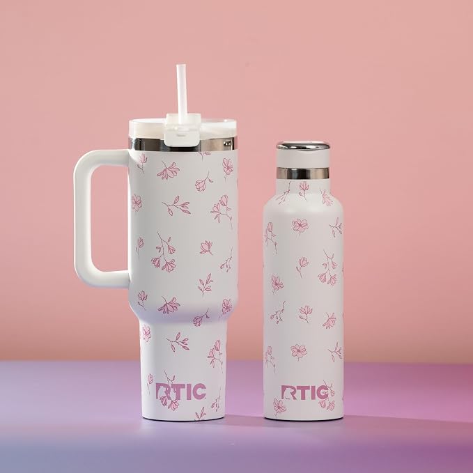 RTIC 20oz Journey Water Bottle Ceramic Lined Metal Stainless Steel Vacuum Insulated, BPA Free, Reusable, for Water, Hot and Cold Drinks, Travel, Sports, Camping, Pink Magnolias
