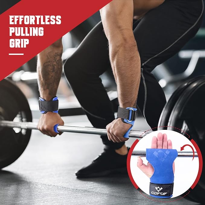 Weight Lifting Wrist Strap, Double-Layer Leather for Deadlift Powerlifting | Gym Strap with Adjustable Neoprene Padded Fit for 6.3–8 Inch Wrist, 8.07-Inch Leather Strap, Gym Workout Lifting Hook (Pair)