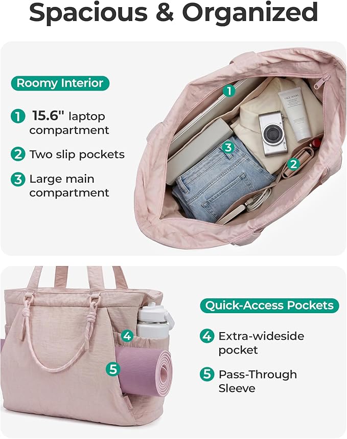 BAGSMART Yoga Pilates Tote Bag for Women with Knotted Handle, Gym Bag | 23L lightweight & waterproof shoulder sling bag, gym bag with yoga mat holder, for 15.6'' Laptop, ideal for work travel